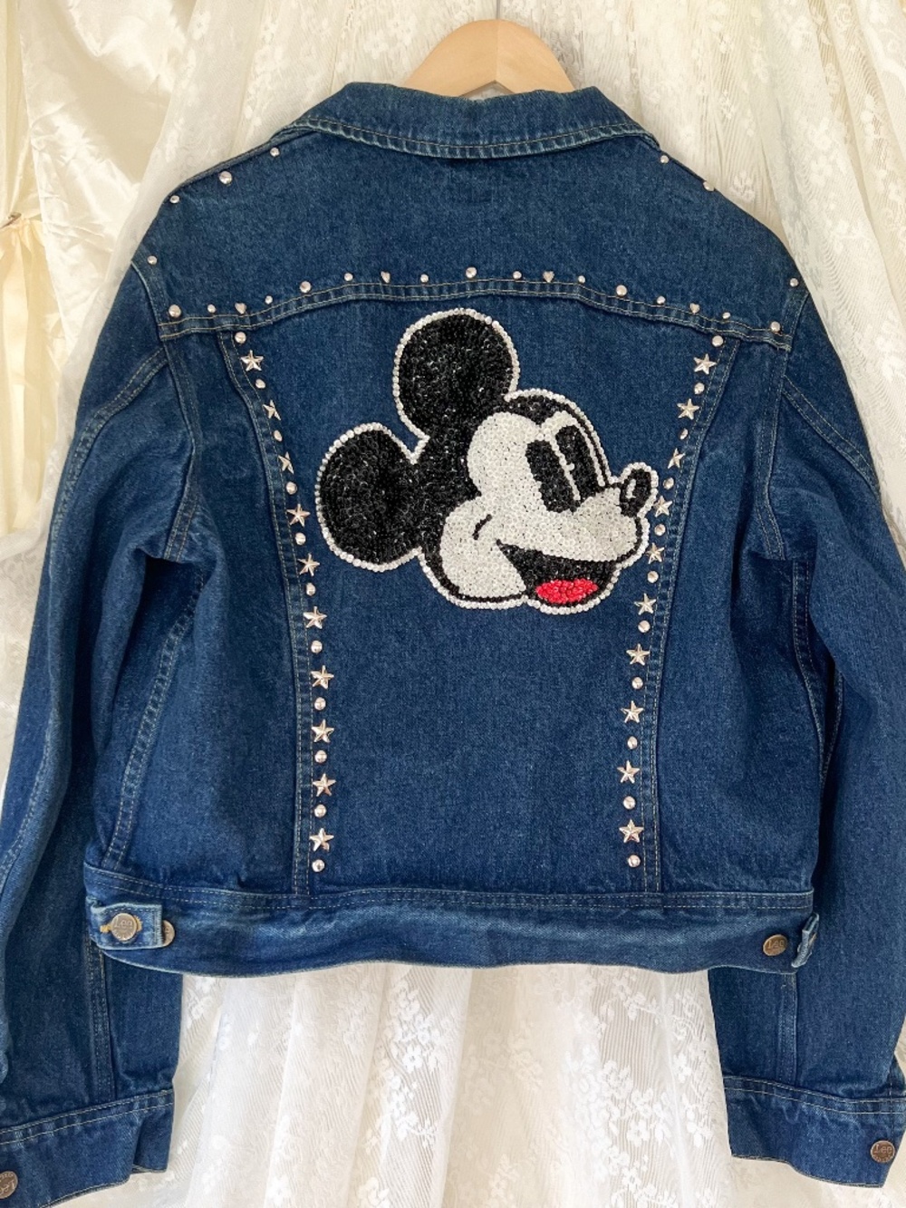 Vintage Lee Made in USA Disney Mickey Mouse Beaded Studded Denim Jacket Y2K